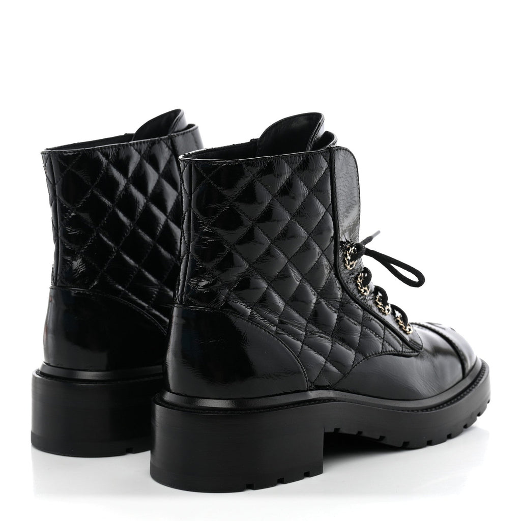 Shiny Goatskin Calfskin Quilted Lace Up Combat Boots 38 Black