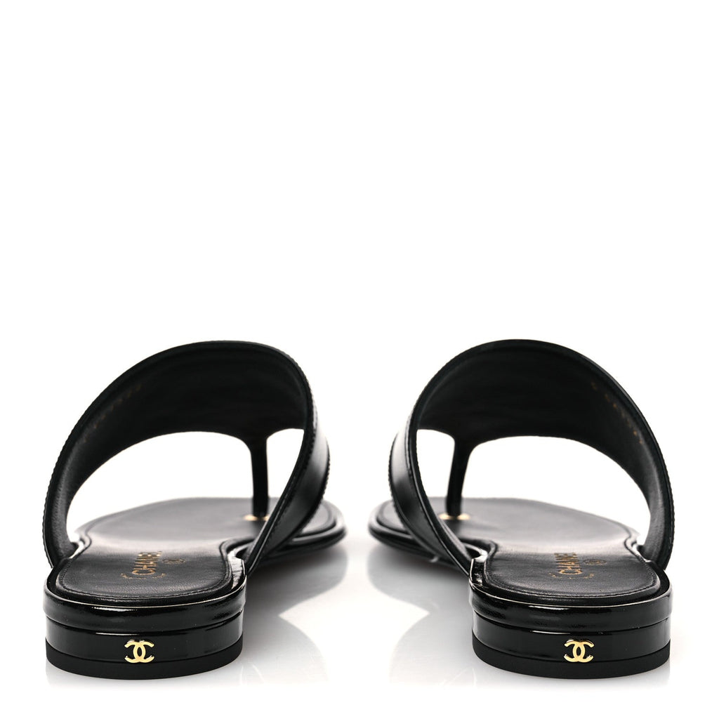 Lambskin Patent Calfskin CC Thong Sandals 39 Black