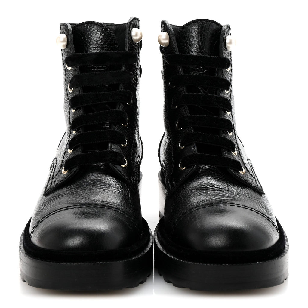 Shiny Calfskin Velvet Pearl Combat Short Boots 37 Black