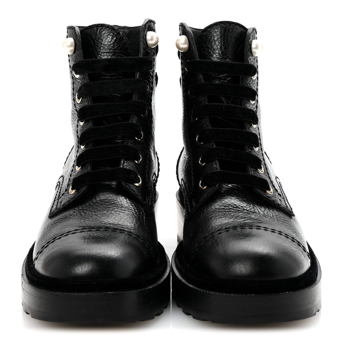 Shiny Calfskin Velvet Pearl Combat Short Boots 37 Black