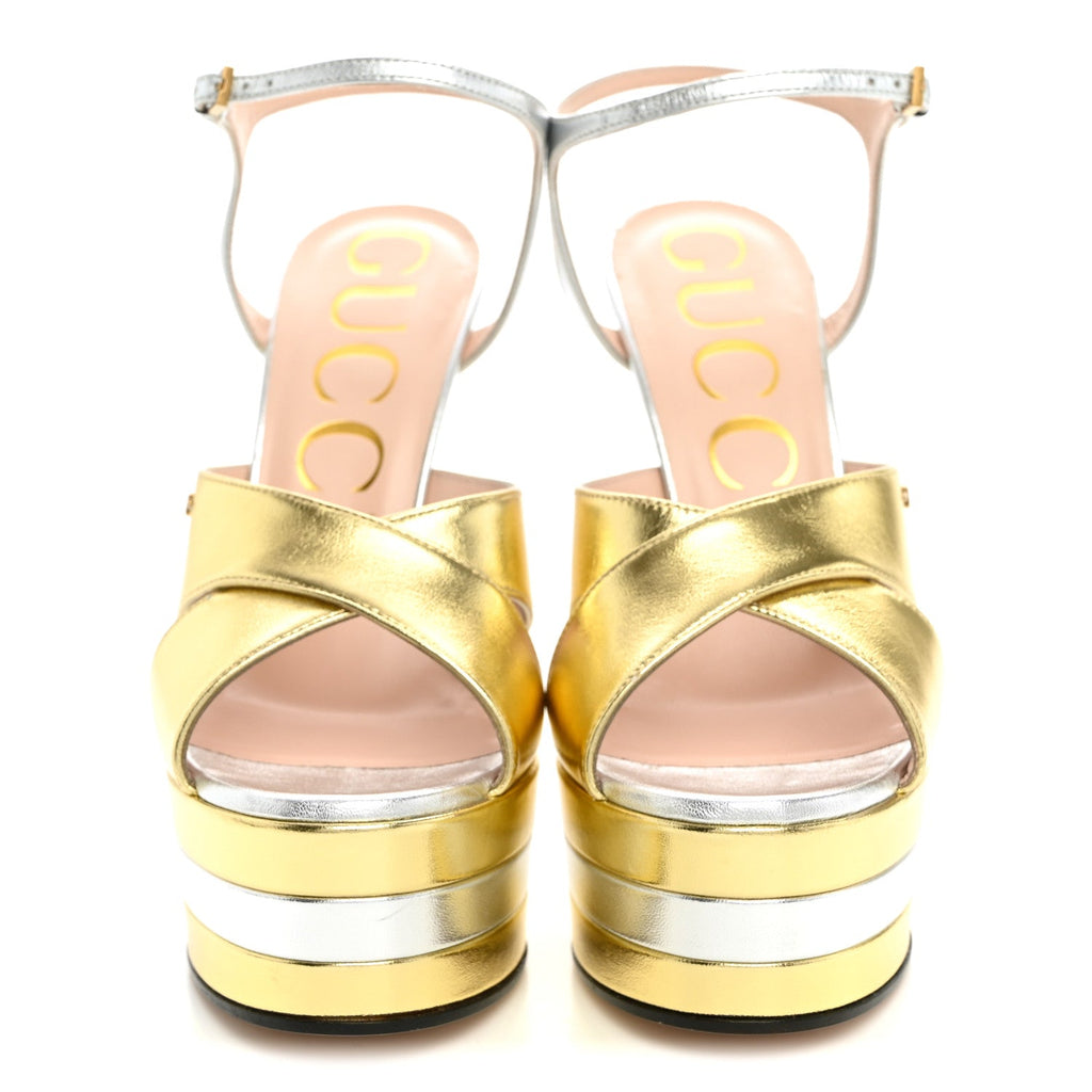 Metallic Nappa Double G 40/135mm Platform Sandals 37.5 Gold Silver