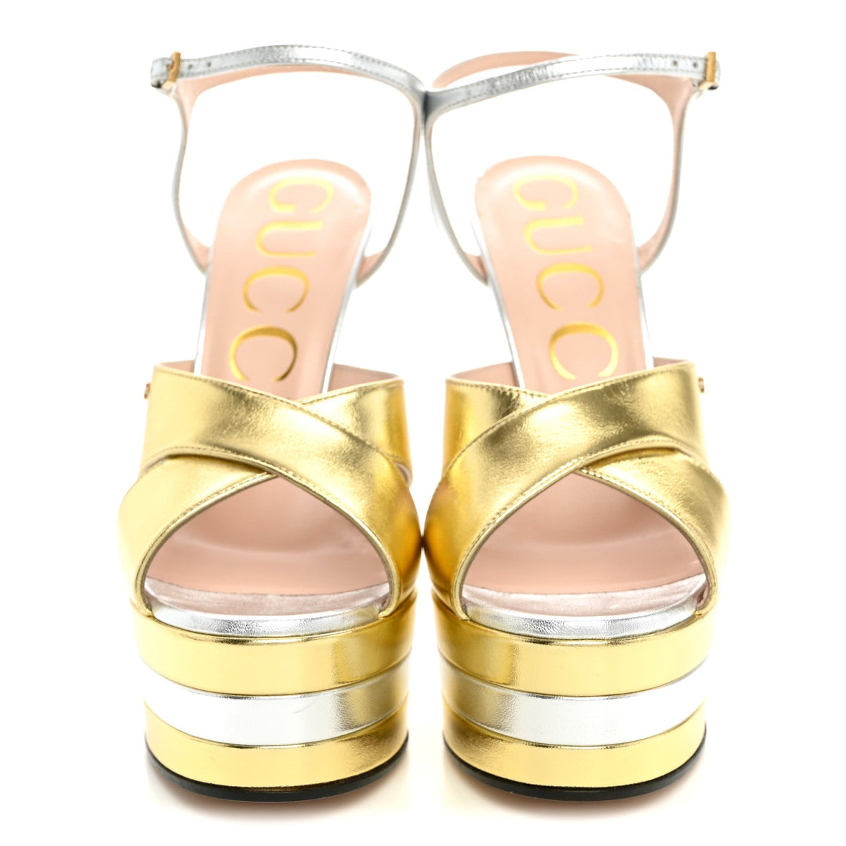 Metallic Nappa Double G 40/135mm Platform Sandals 37.5 Gold Silver