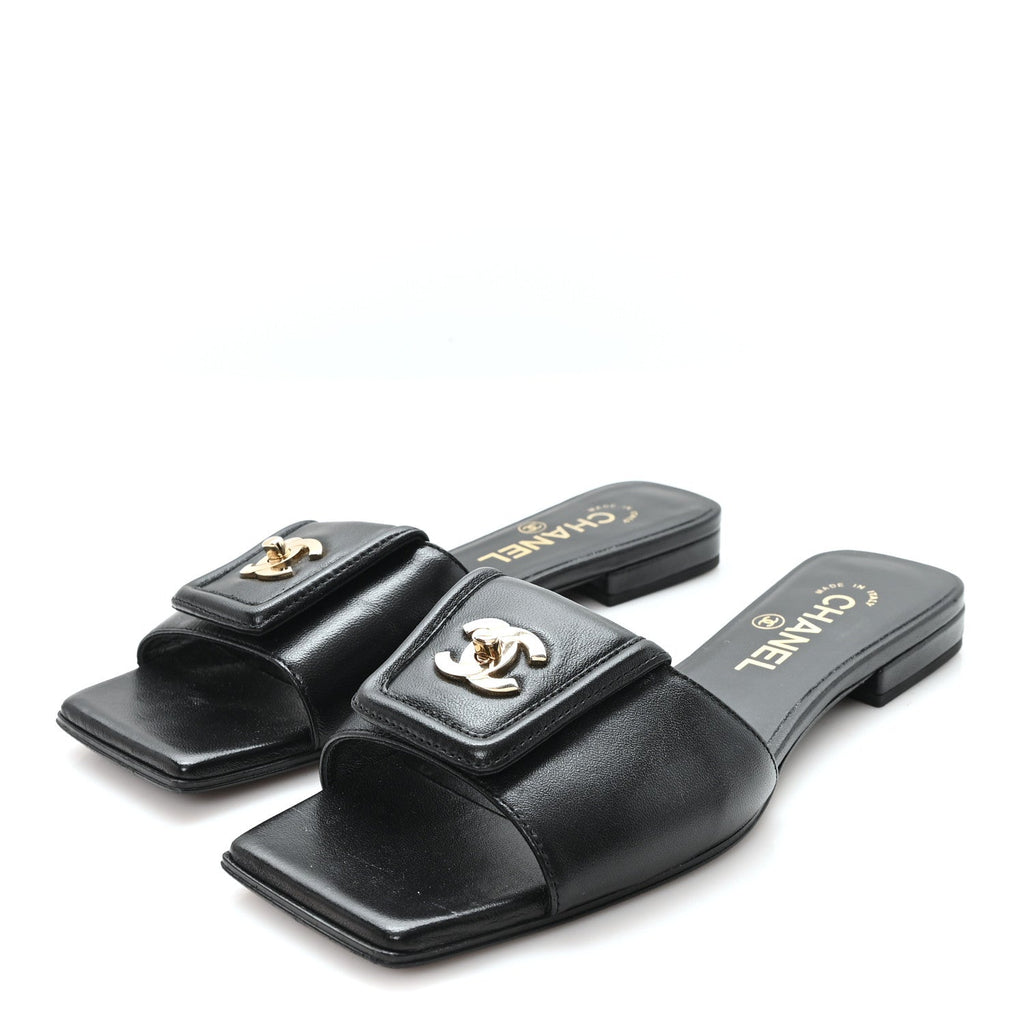 Lambskin CC Turnlock Mules 36.5 Black