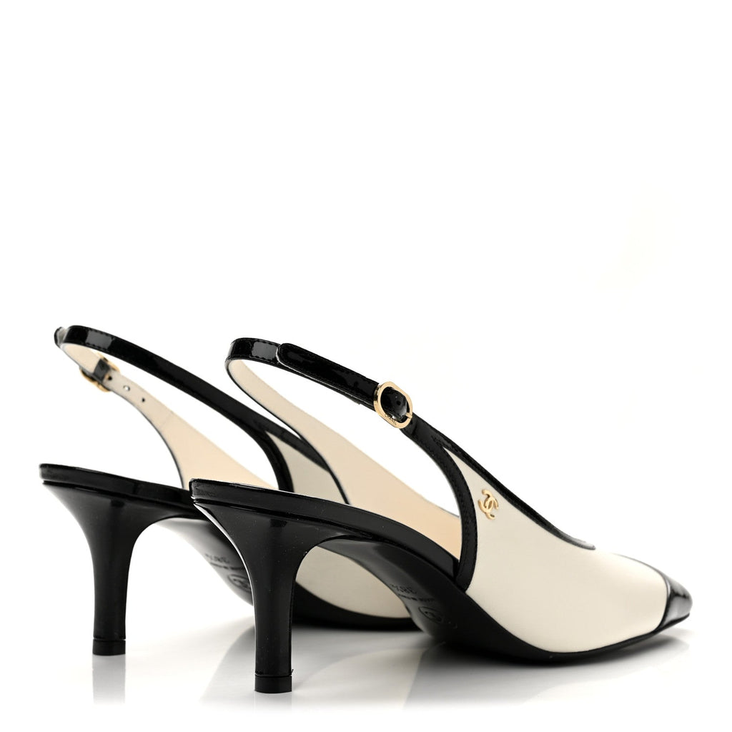 Lambskin Patent Calfskin Cap Toe CC Slingback Pumps 38.5 White Black