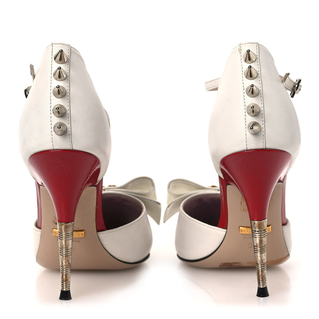 Calfskin Crystal GG Bow Sadie Spike Ankle Strap d'Orsay High Heel Pumps 35.5 White