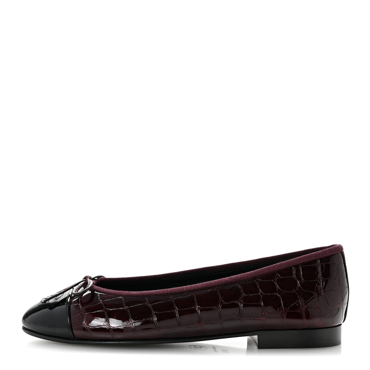 Crocodile Embossed Patent Calfskin Cap Toe CC Ballerina Flats 37.5 Dark Burgundy Black