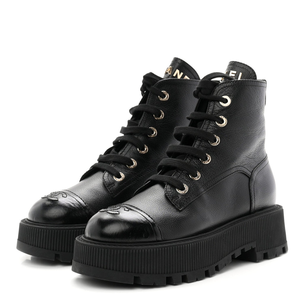 Grained Calfskin Shiny Calfskin CC Lace Up Combat Boots 36.5 Black