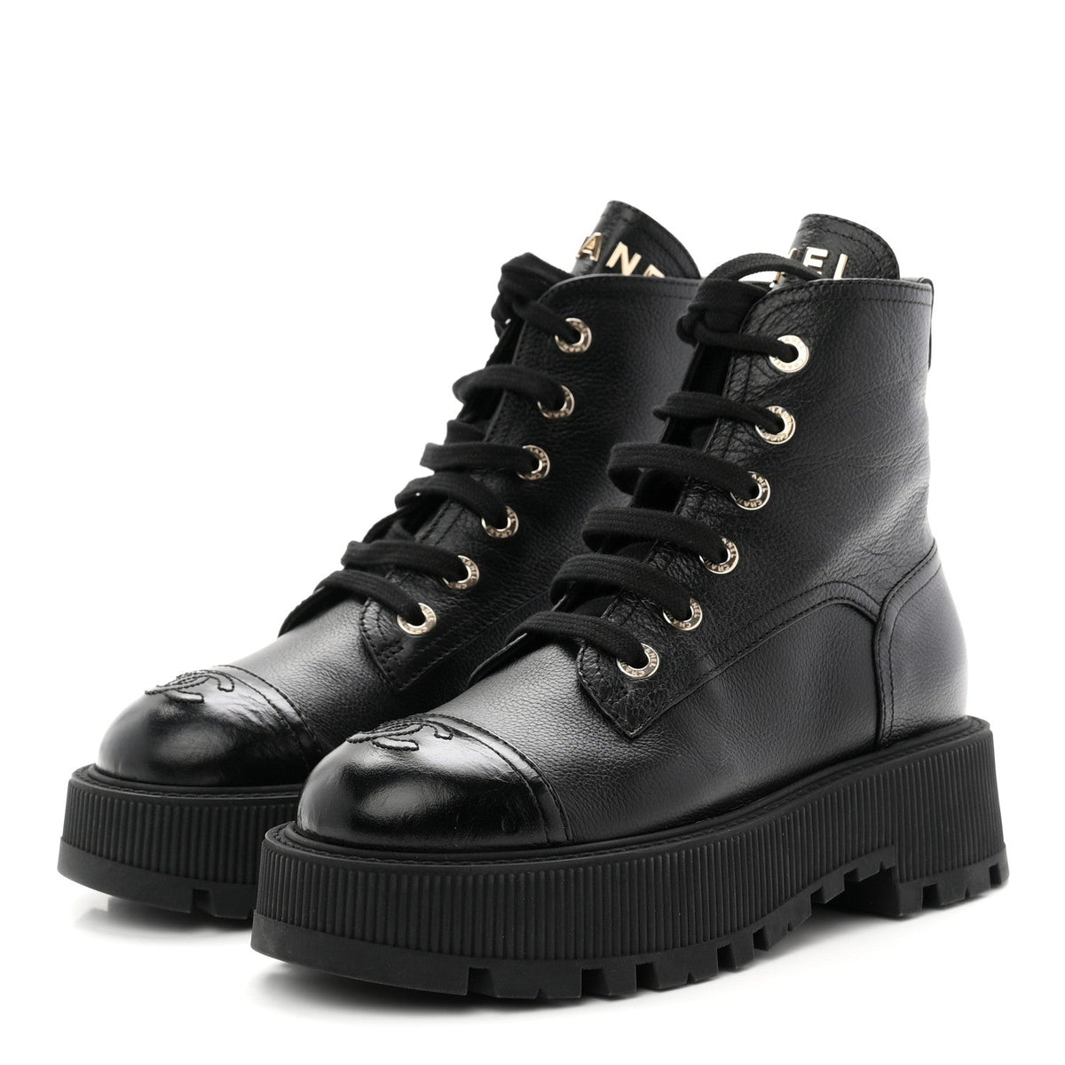 Grained Calfskin Shiny Calfskin CC Lace Up Combat Boots 36.5 Black