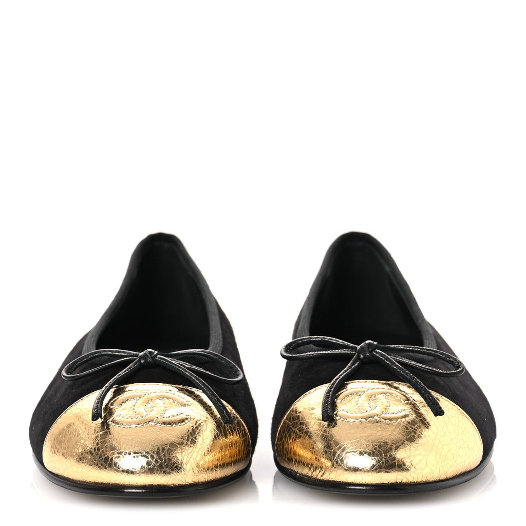 Suede Crackled Laminated Calfskin Cap Toe Ballerina Flats 36.5 Black Gold