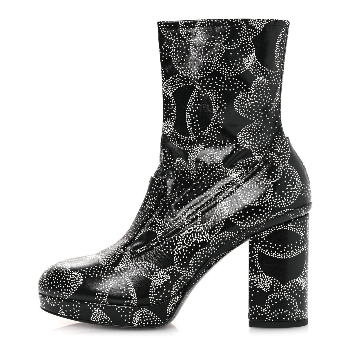 Calfskin Camellia Printed Ankle Boots 38.5 Black White