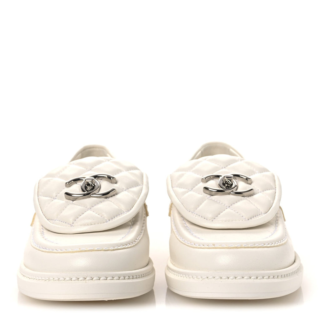 Shiny Lambskin Quilted CC Turnlock Loafers 37.5 White