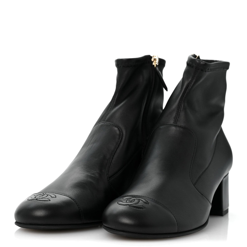 Stretch Lambskin Cap Toe CC Uniform Short Boots 38 Black