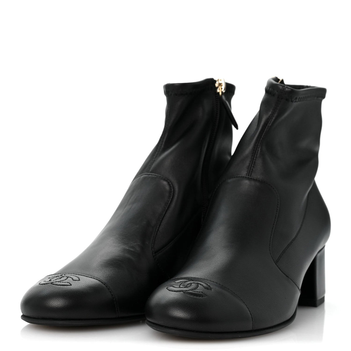 Stretch Lambskin Cap Toe CC Uniform Short Boots 38 Black