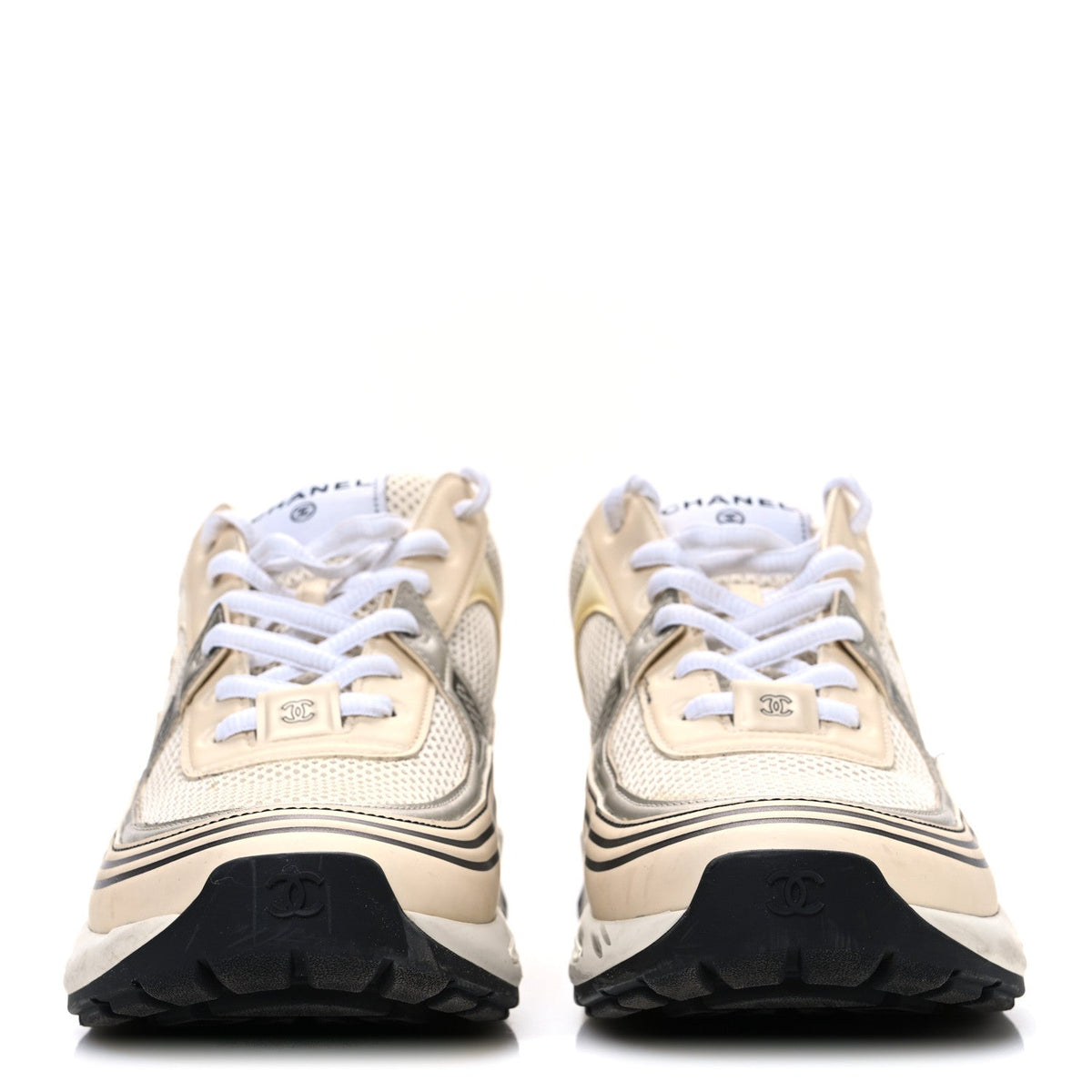 Fabric Laminated Calfskin Stretch CC Sneakers 41 Ivory White Silver