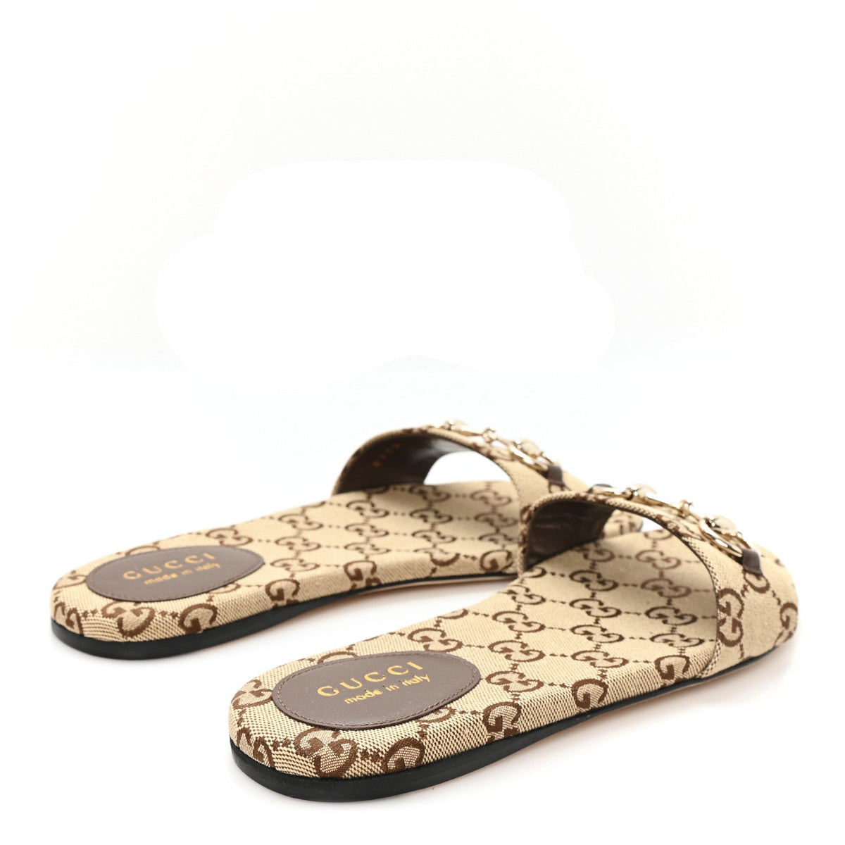 Monogram Horsebit Slide Sandals 37 Camel Ebony