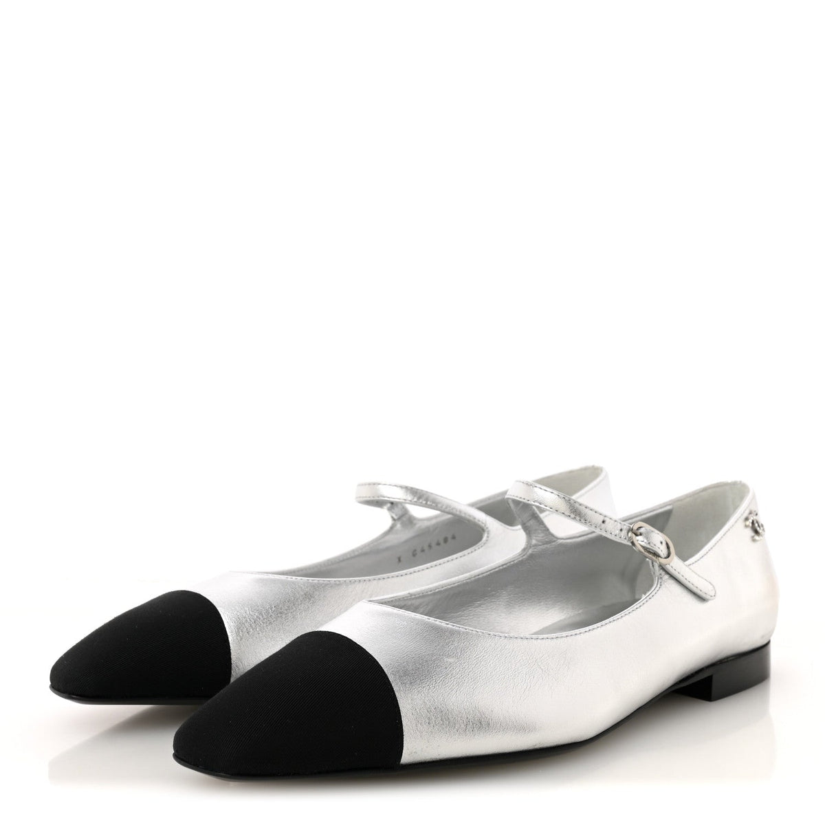 Laminated Calfskin Grosgrain Mary Janes Flats 40 Silver Black