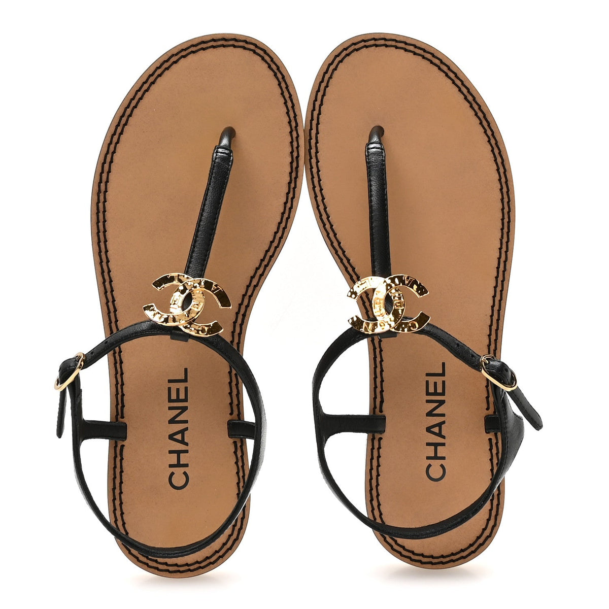 Lambskin CC Thong Sandals 38.5 Black Gold