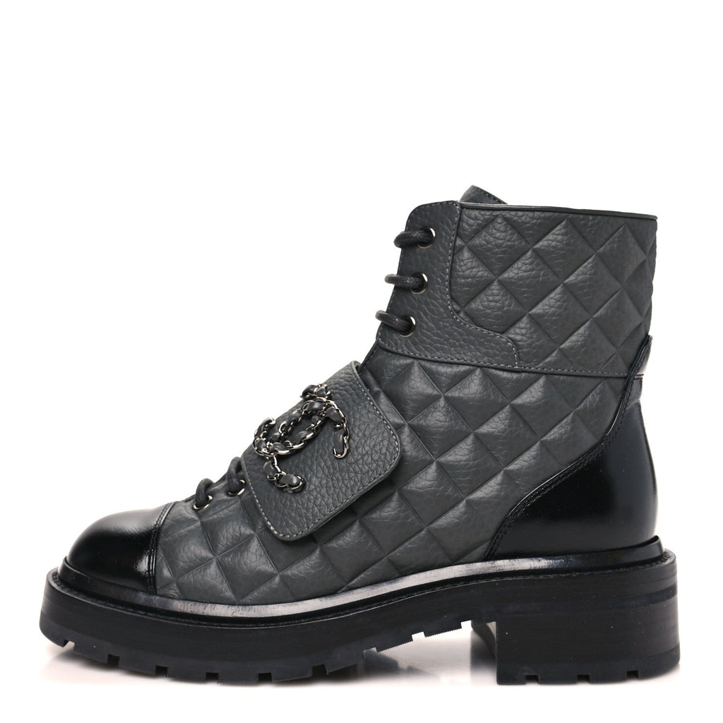 Calfskin Shiny Calfskin Quilted Lace Up Combat Boots 36 Dark Grey Black