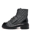 Calfskin Shiny Calfskin Quilted Lace Up Combat Boots 36 Dark Grey Black
