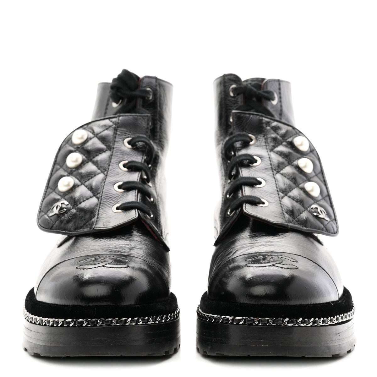 Crackled Calfskin Velvet Pearl Combat Short Boots 38 Black