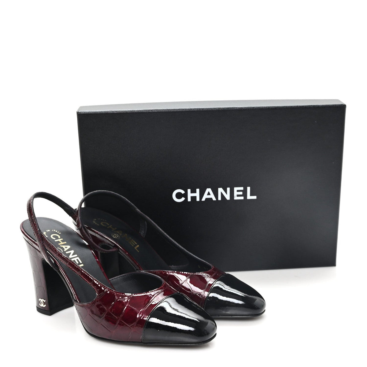 Crocodile Embossed Patent Grosgrain Cap Toe CC Slingback Pumps 37.5 Dark Burgundy Black
