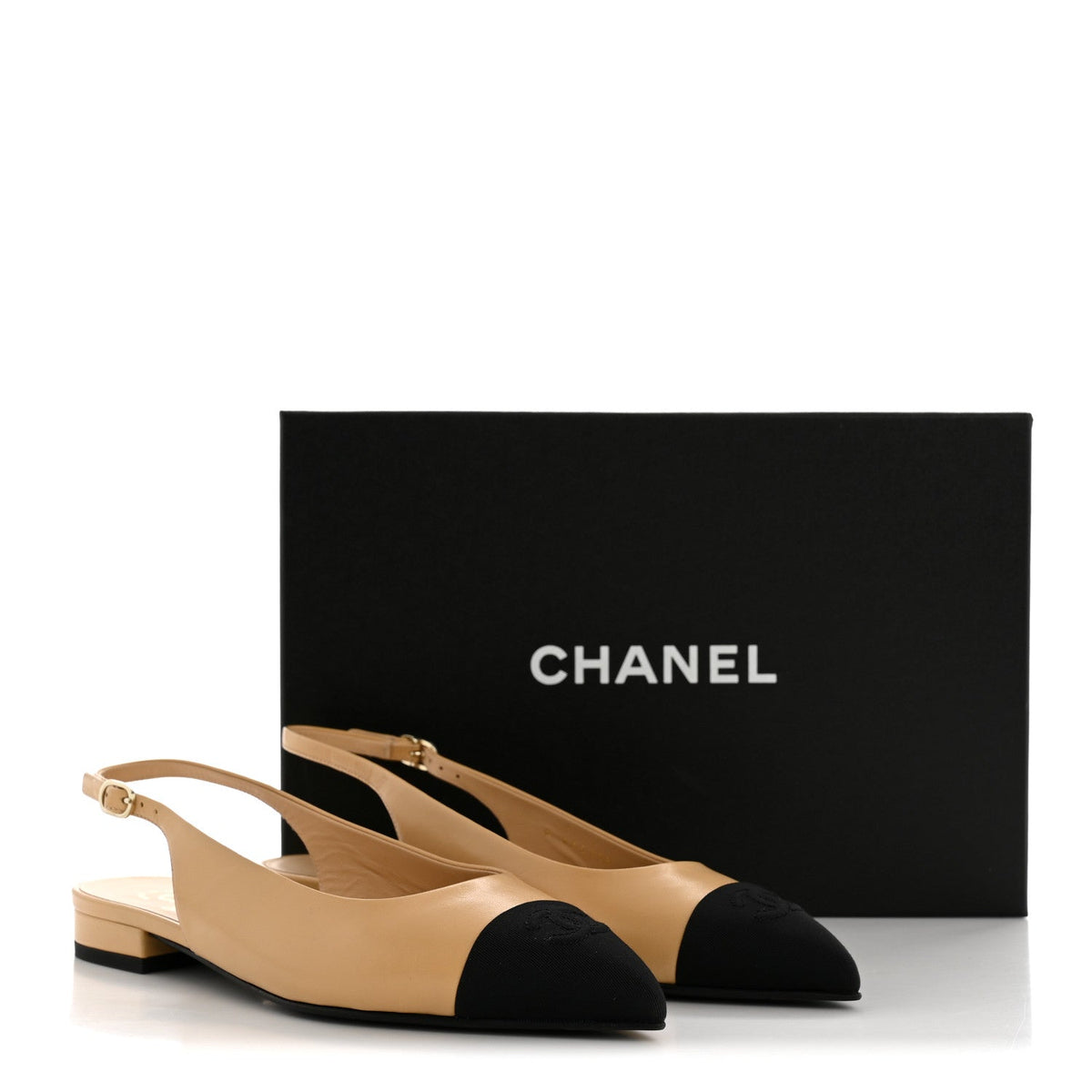 Goatskin Grosgrain Pointed Toe CC Slingback Flats 37.5 Beige Black