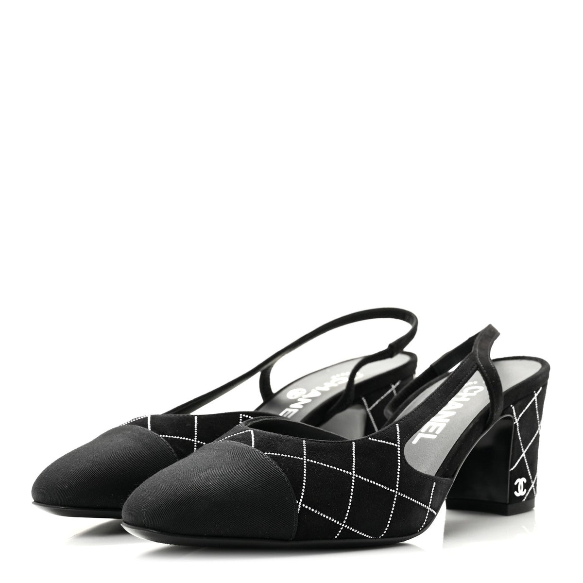 Suede Crystal Grosgrain Cap Toe CC Slingback Pumps 38 Black Silver