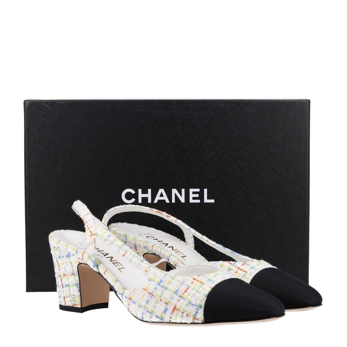 Tweed Grosgrain Cap Toe CC Slingback Pumps 40 White Multicolor