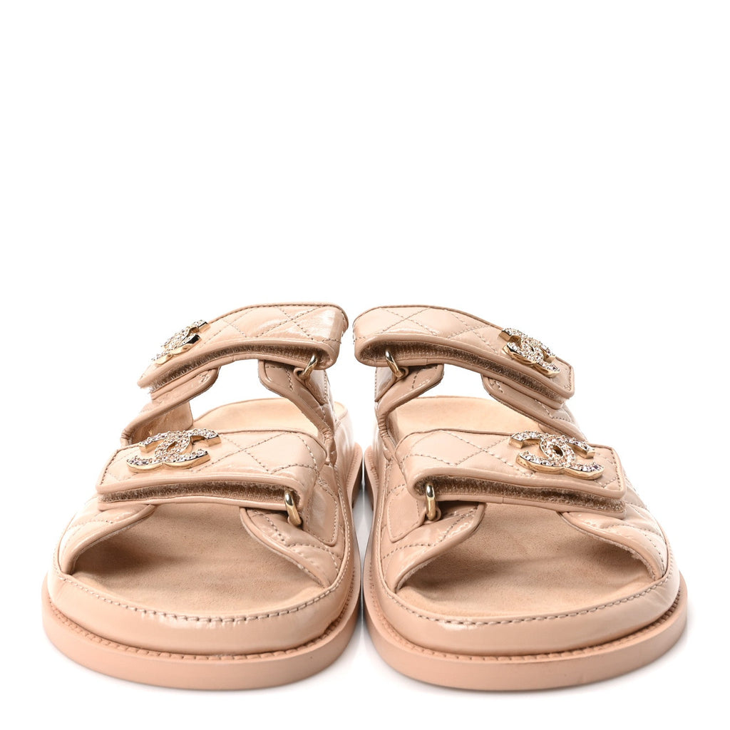 Shiny Calfskin Quilted Velcro Dad Crystal CC Slide Sandals 38 Beige