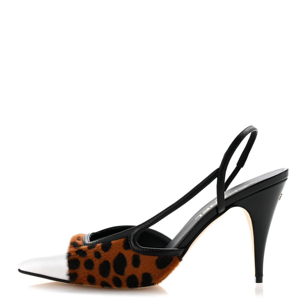 Lambskin Mixed Fibers Cap Toe CC Slingback Flats 37 Brown Black White 40 Brown Black White