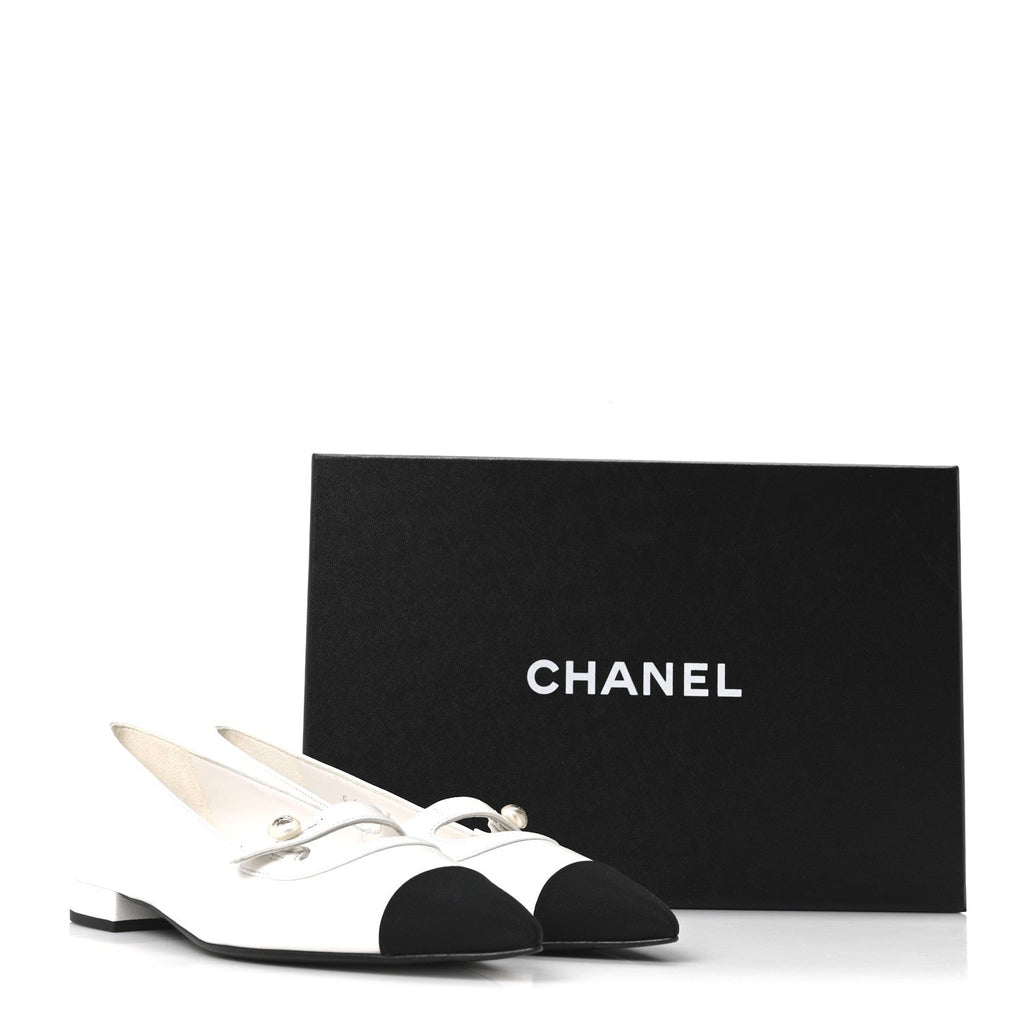 Shiny Lambskin Grosgrain Pearl Mary Janes Flats 37.5 White Black