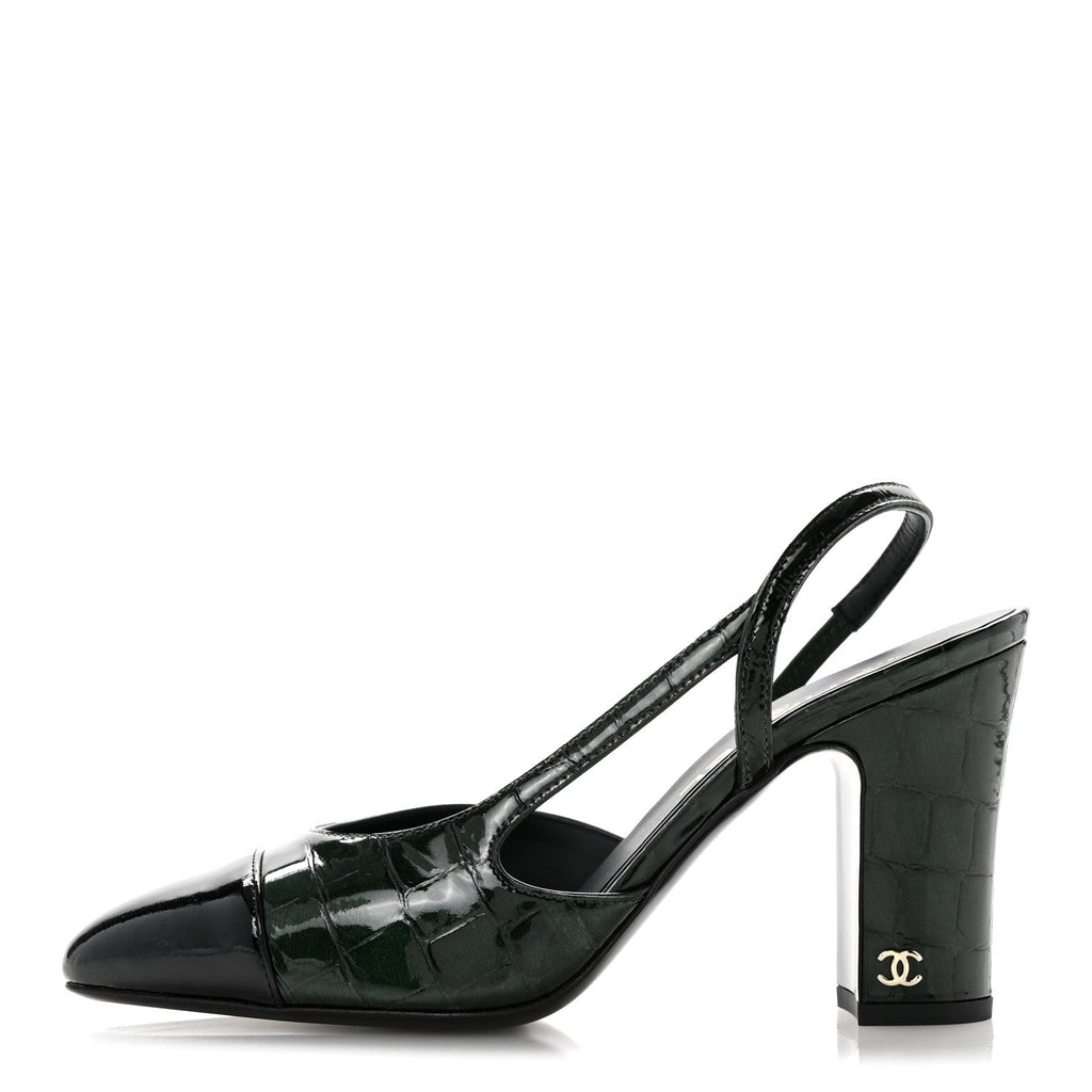 Patent Calfskin Crocodile Embossed Cap Toe CC Slingback Pumps 37 Dark Green Black