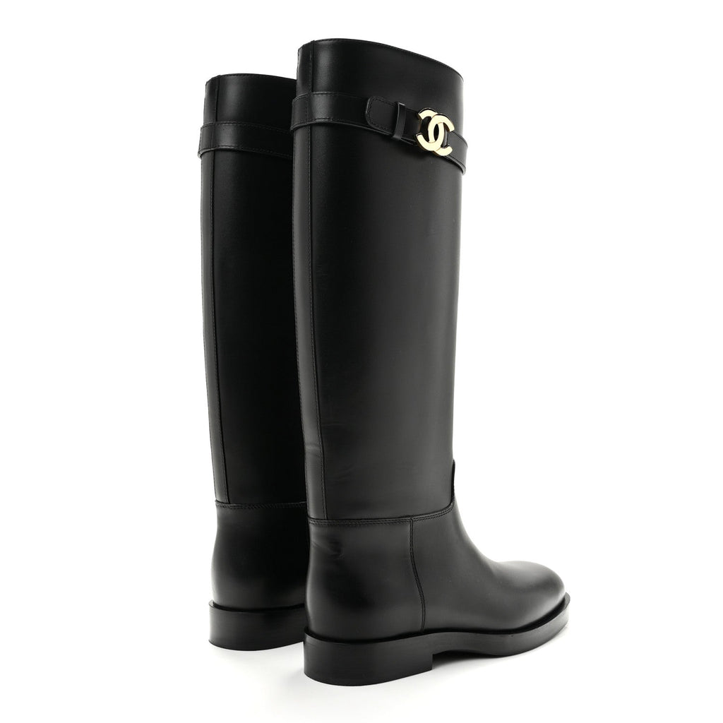 Calfskin CC Buckle High Boots 38 Black