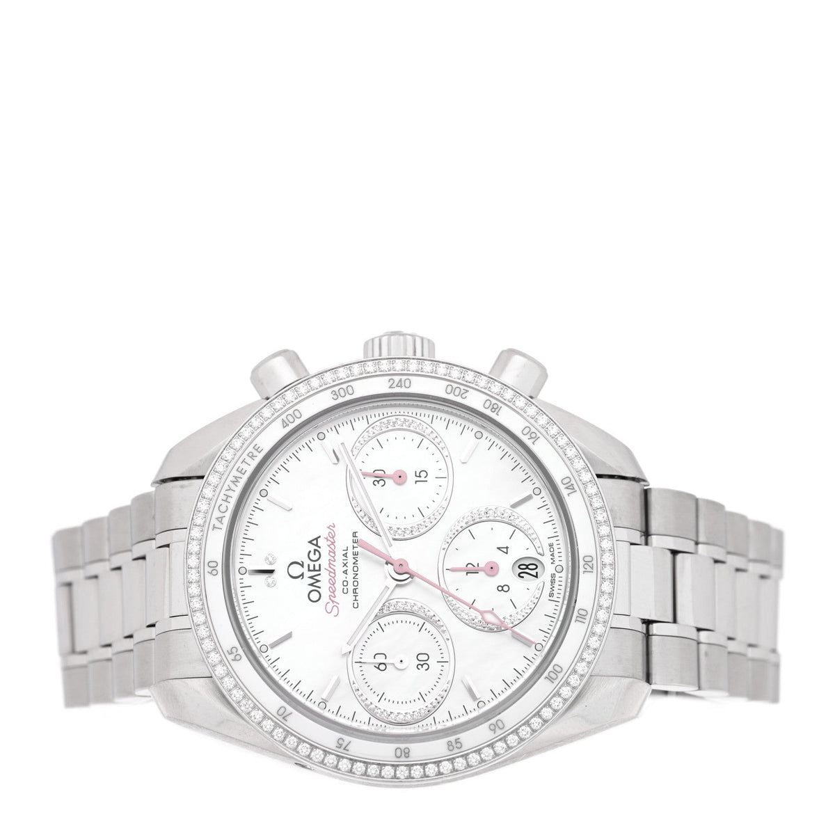 Stainless Steel Diamond Bezel Mother of Pearl 38mm Speedmaster Chronograph Automatic Watch 324.38.38.50.55.001