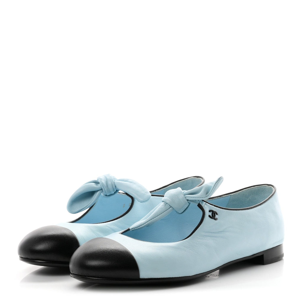 Lambskin Bow Mary Jane Flats 37.5  Light Blue Black