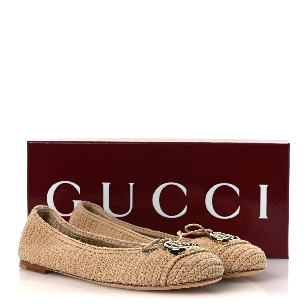 Cotton Crochet Nappa Camargue GG Ballerina Flats 38.5 Ecru Sand Storm