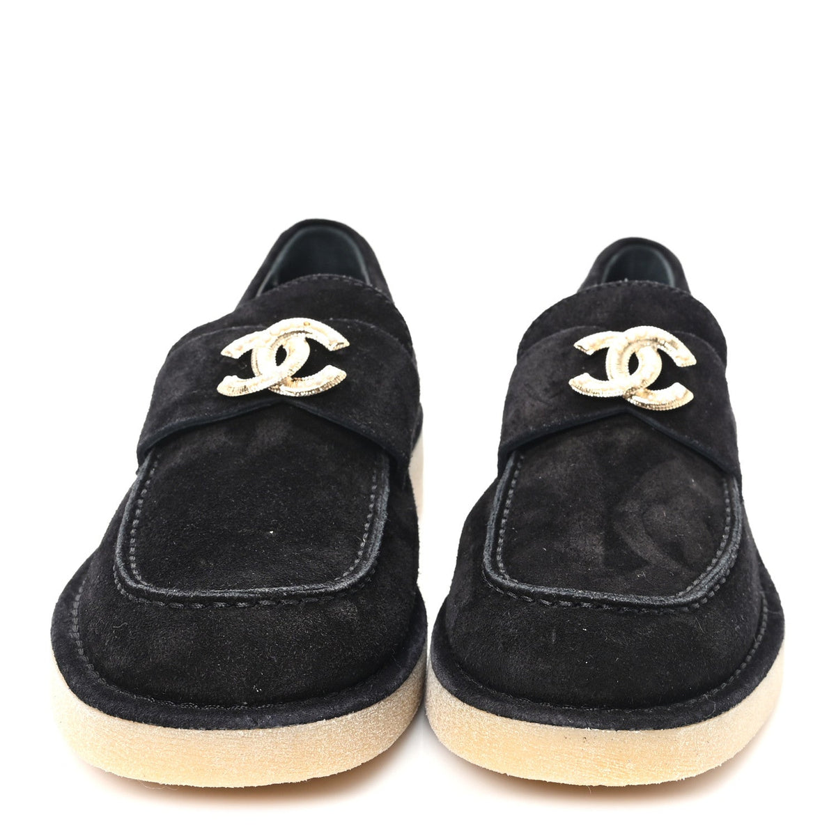Suede Calfskin Pearl CC Moccasin Loafers 38.5 Black