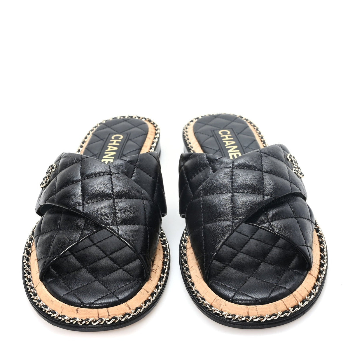Shiny Lambskin Quilted Chain CC Sandals 38 Black