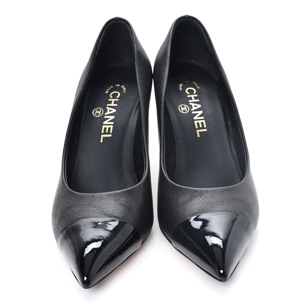 Goatskin Patent Calfskin Cap Toe CC Pearl Pumps 38 Black