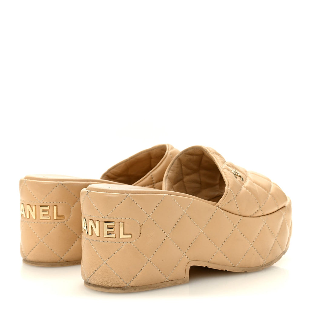 Lambskin Quilted CC Mules Wedge Sandals 36 Beige
