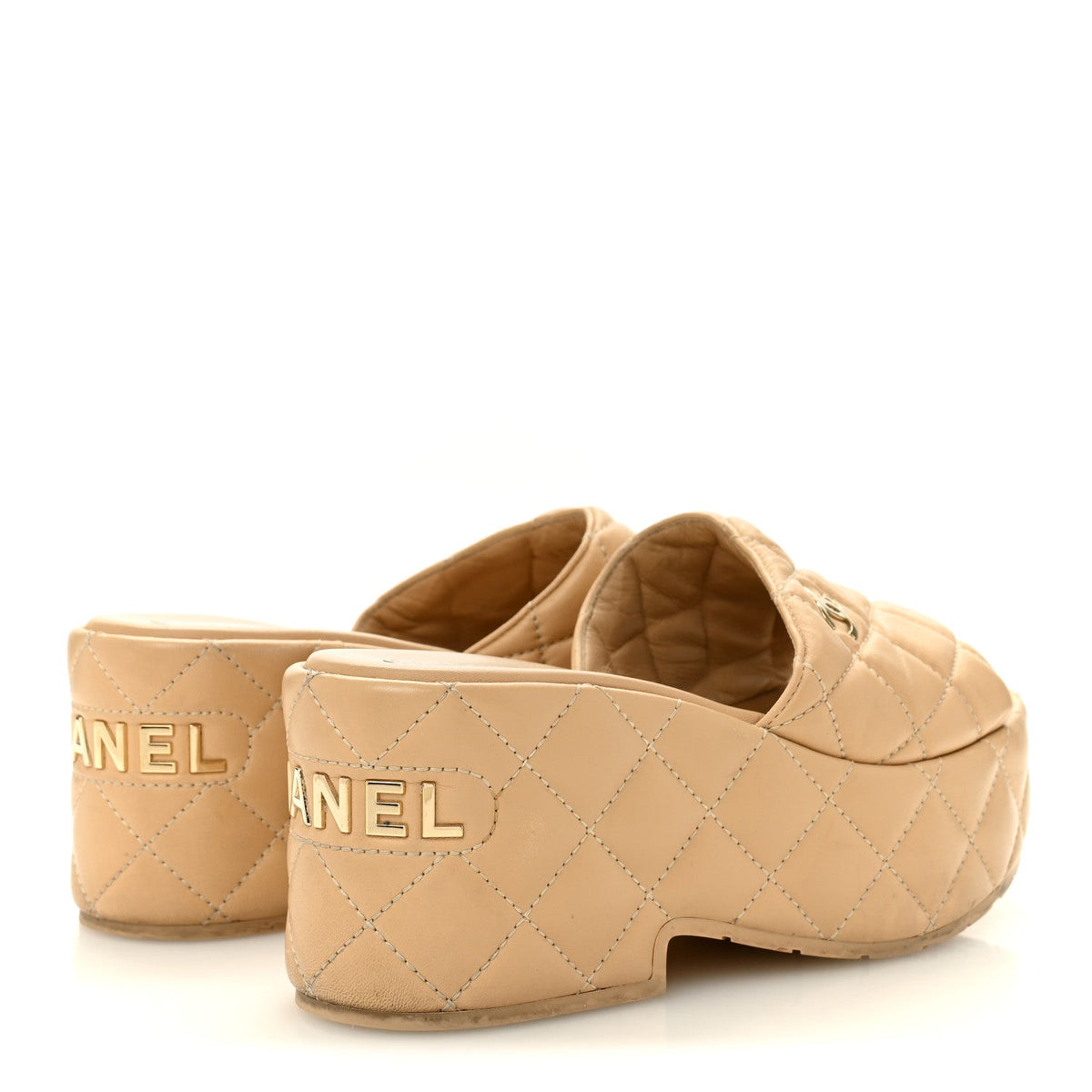 Lambskin Quilted CC Mules Wedge Sandals 36 Beige