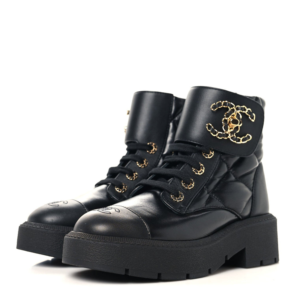 Lambskin Calfskin Quilted Lace Up Combat Boots 36.5 Black