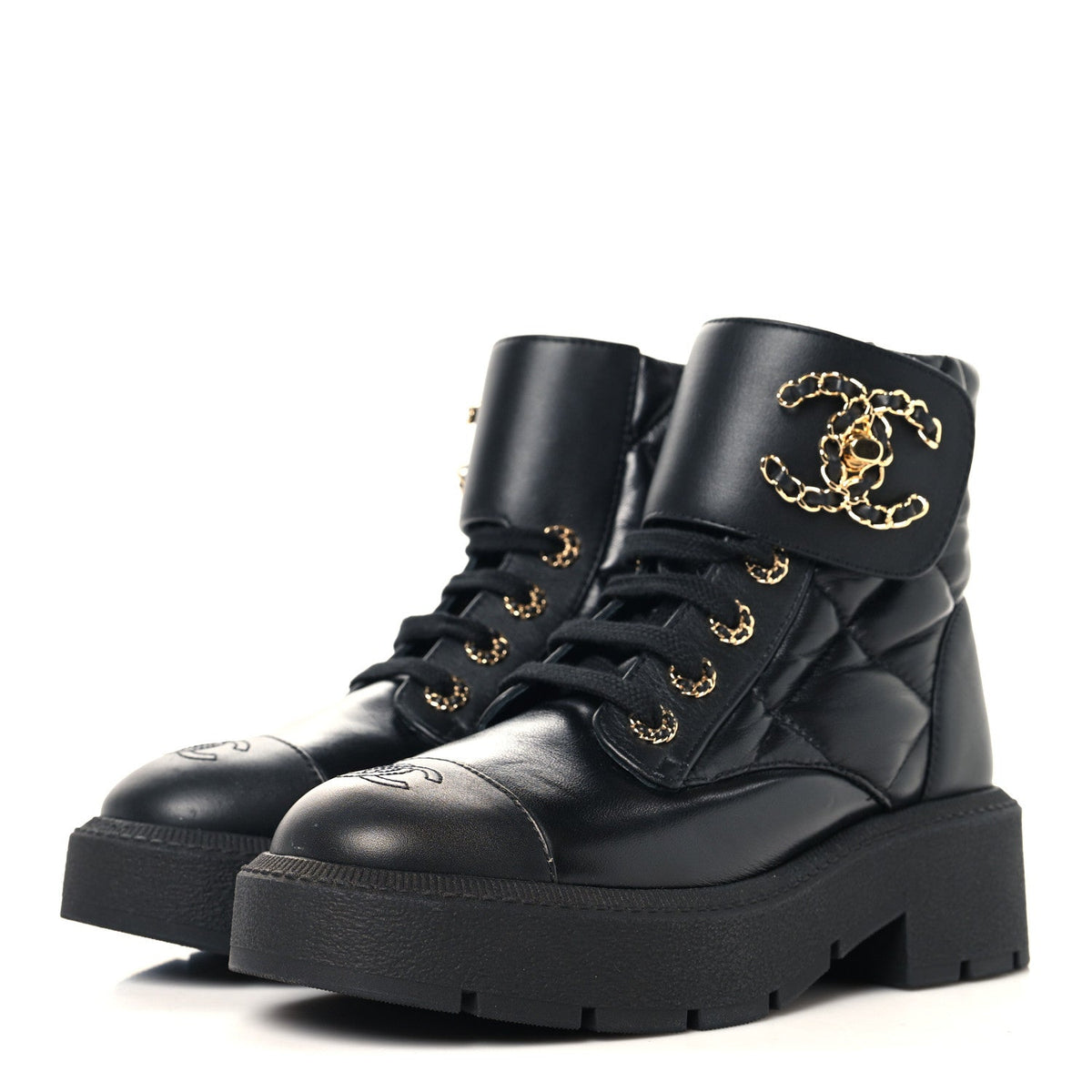 Lambskin Calfskin Quilted Lace Up Combat Boots 36.5 Black