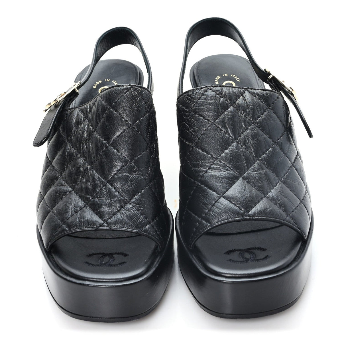 Lambskin Quilted Peep Toe Wedge Sandals 38 Black