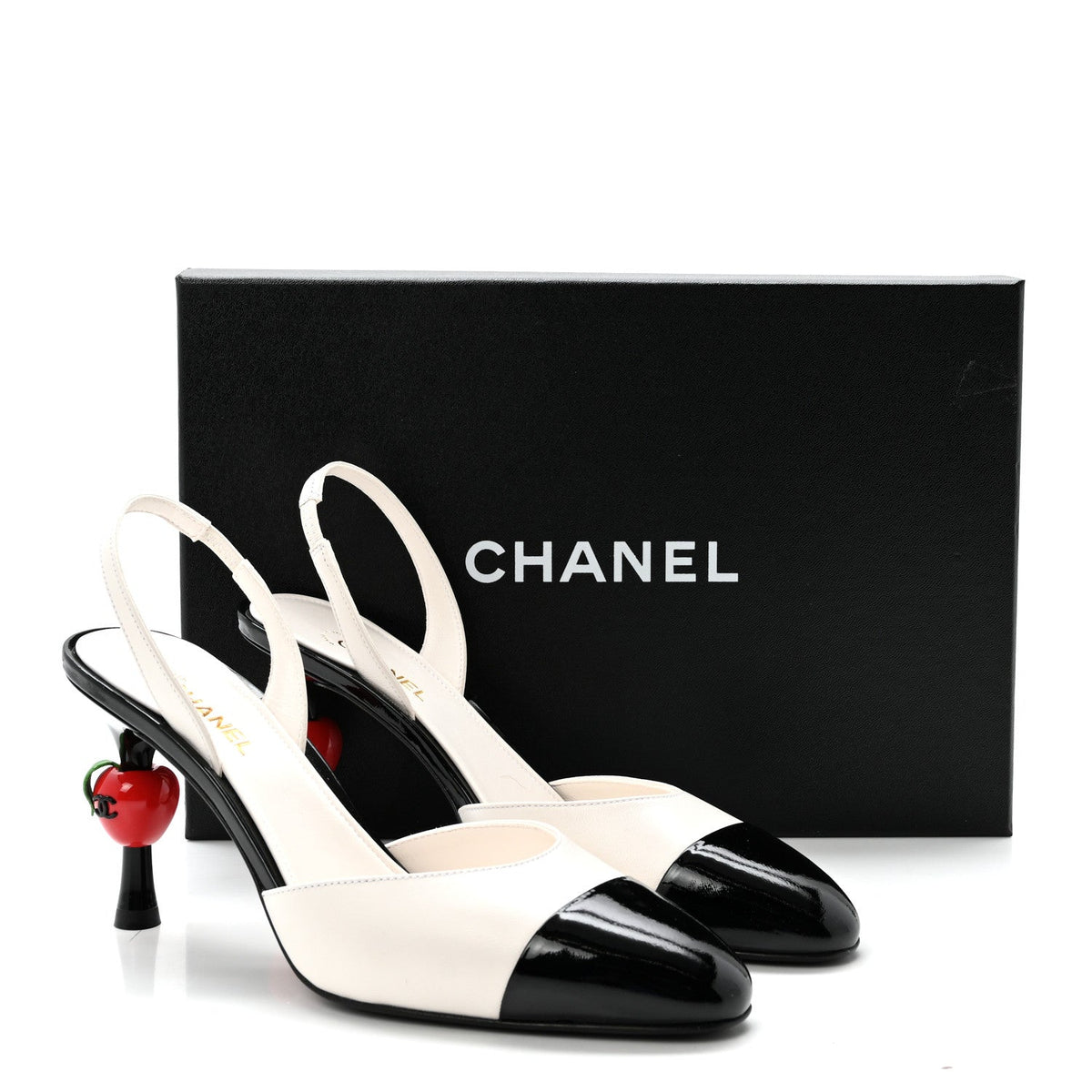 Lambskin Patent Calfskin Cap Toe CC Apple Slingback Pumps 38 White Black