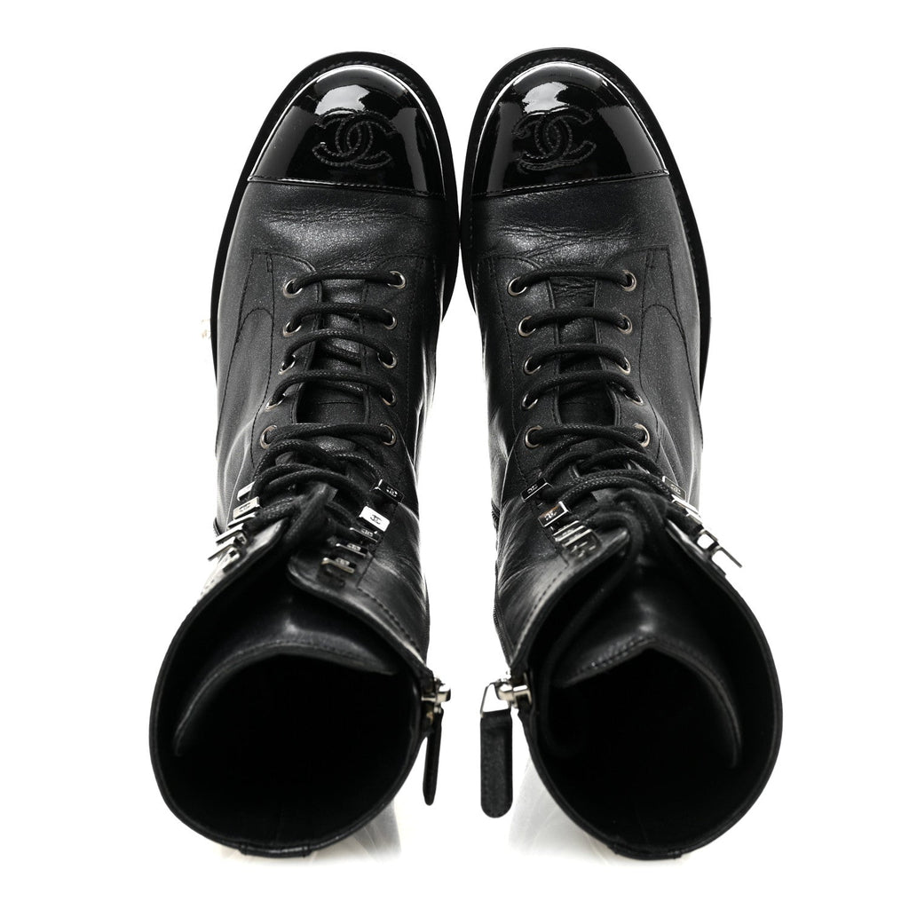 Iridescent Calfskin Patent Cap Toe Lace Up Combat Boots 38 Black