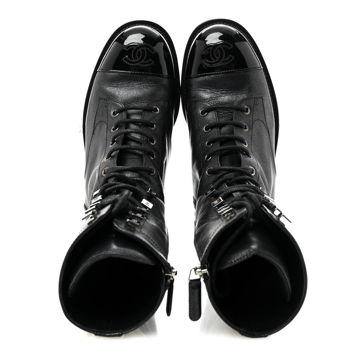 Iridescent Calfskin Patent Cap Toe Lace Up Combat Boots 38 Black