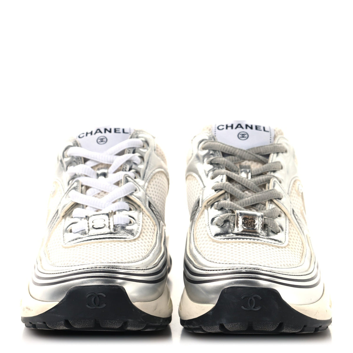 Fabric Laminated Calfskin Stretch CC Womens Sneakers 36 White Silver