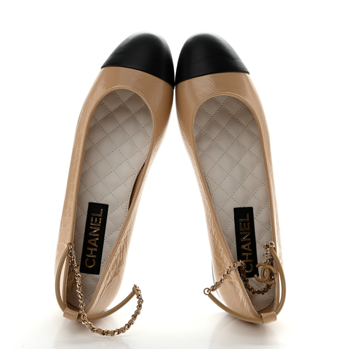 Lambskin Cap Toe Ankle Chain Ballerina Flats 41 Beige Black