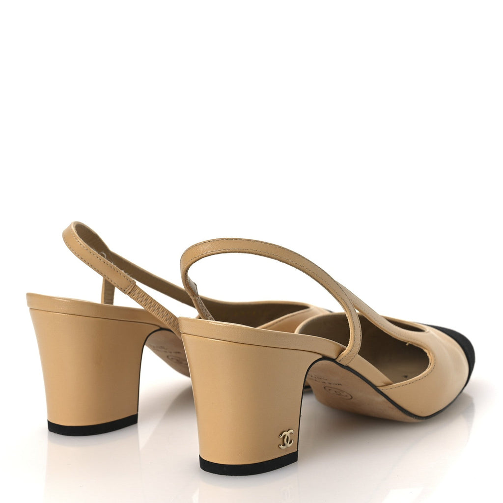 Goatskin Grosgrain Cap Toe CC Slingback Pumps 38.5 Beige Black